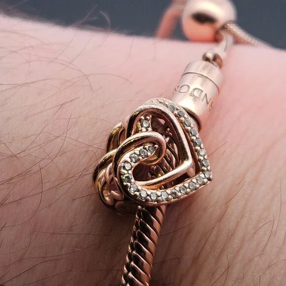 MET Pandora Rose Tone Charm Bracelet Love Padlock Entwined Hearts Beads - Picture 5 of 11